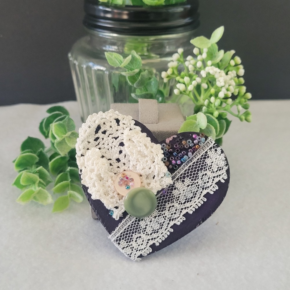 Artisan Mixed Media Heart Brooch Lace Buttons Beads Wearable Art 3 Inch